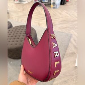 Karl Lagerfeld Paris Wine Leather Crescent Hobo Shoulder Bag Gold Logo
